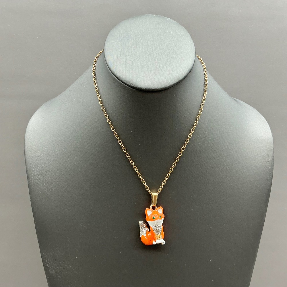 Betsey Johnson Necklace Women Orange Fox Pendant Rhinestone Enamel Gold Tone
